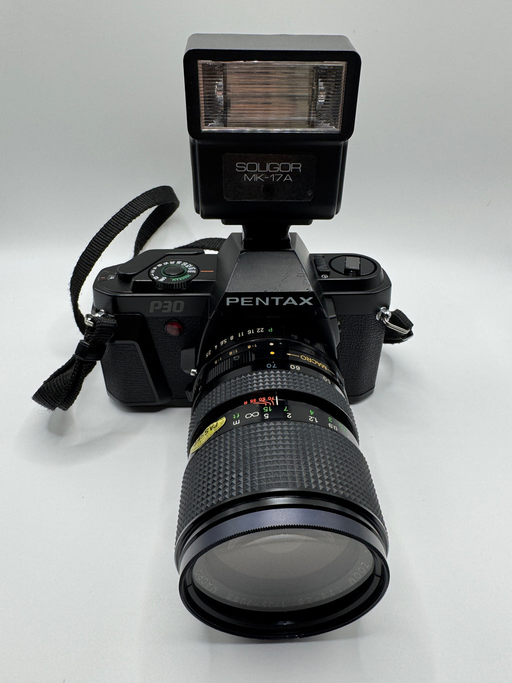 Pentax P30 35mm Film Camera + Zoom Macro Lens + Soligor Flash
Fully Tested | Excellent Condition | Complete Starter Kit