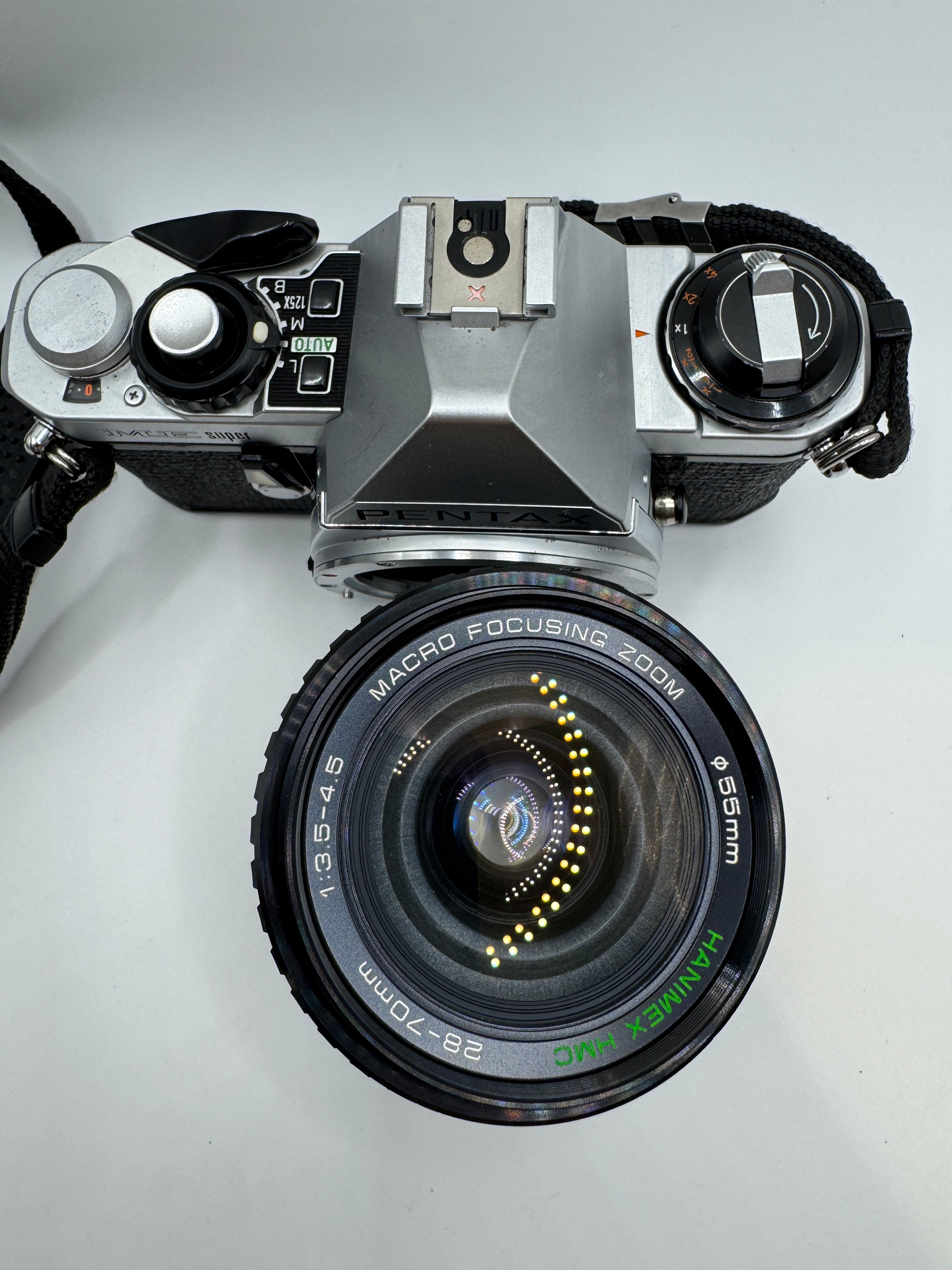 Pentax ME Super 35mm Film Camera with Hanimex 28–70mm Macro Zoom Lens