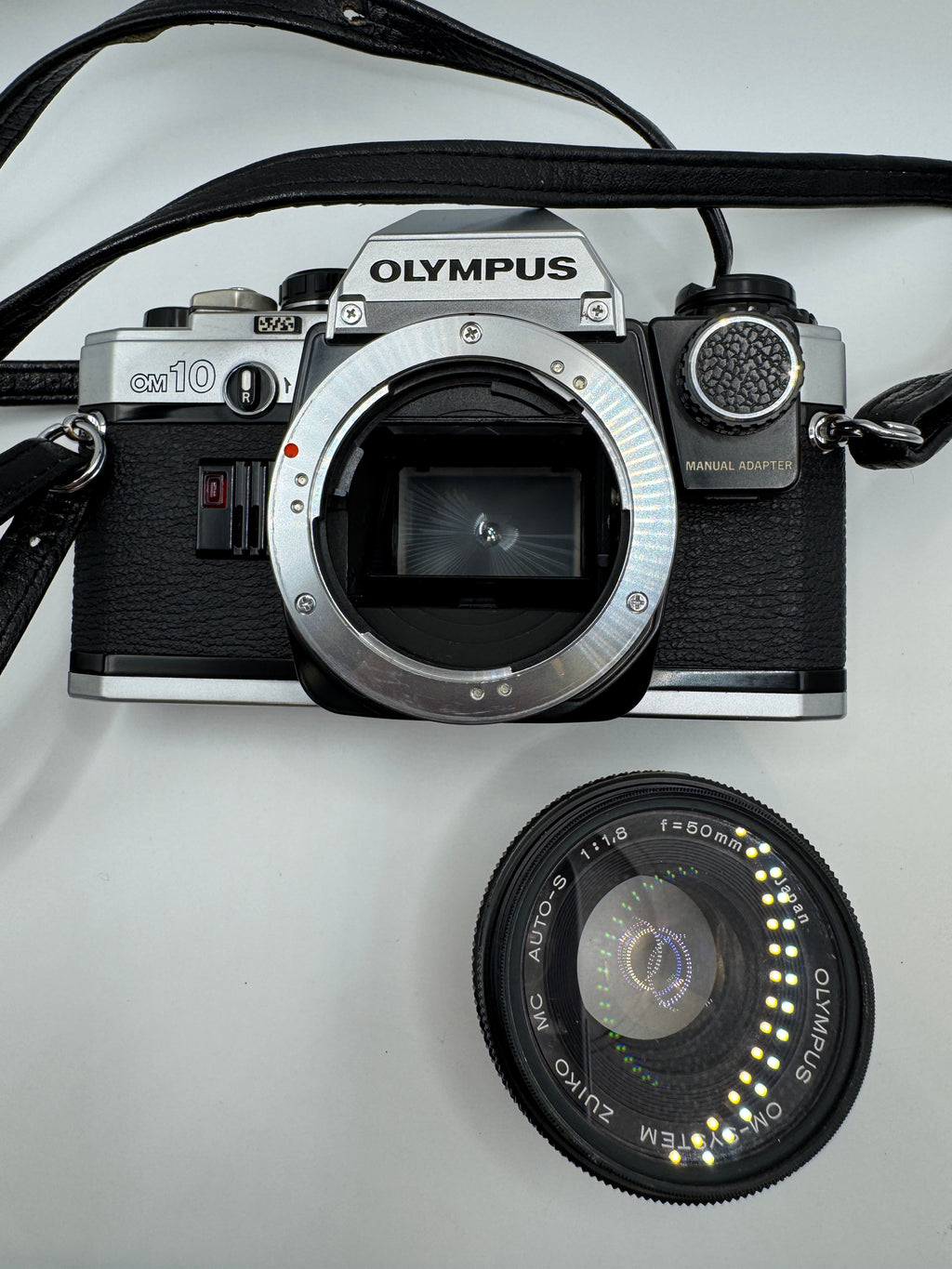 Olympus OM10 35mm Film Camera with Zuiko 50mm f/1.8 Lens Manual Adapter & Original Olympus Case
